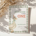 one silly goose first birthday invitation with vintage goose and sage green gingham background