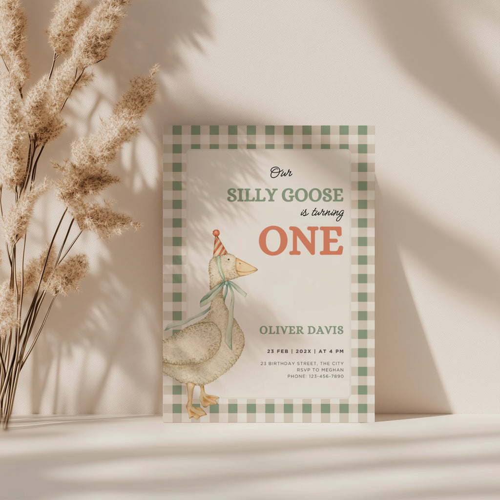one silly goose first birthday invitation with vintage goose and sage green gingham background