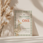 one silly goose first birthday invitation with vintage goose and sage green gingham background