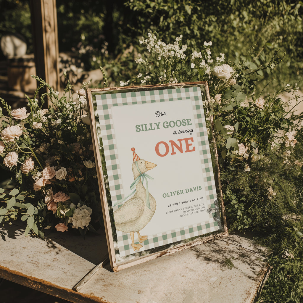 one silly goose first birthday invitation with vintage goose and sage green gingham background