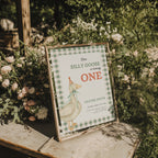 one silly goose first birthday invitation with vintage goose and sage green gingham background