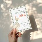 one silly goose first birthday invitation with vintage goose and sage green gingham background