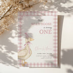 one silly goose first birthday invitation with pink gingham background and bow details