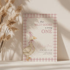 one silly goose first birthday invitation with pink gingham background and bow details