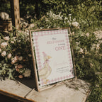 one silly goose first birthday invitation with pink gingham background and bow details