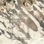 silly geese twins first birthday invitation with vintage geese and sage green gingham background