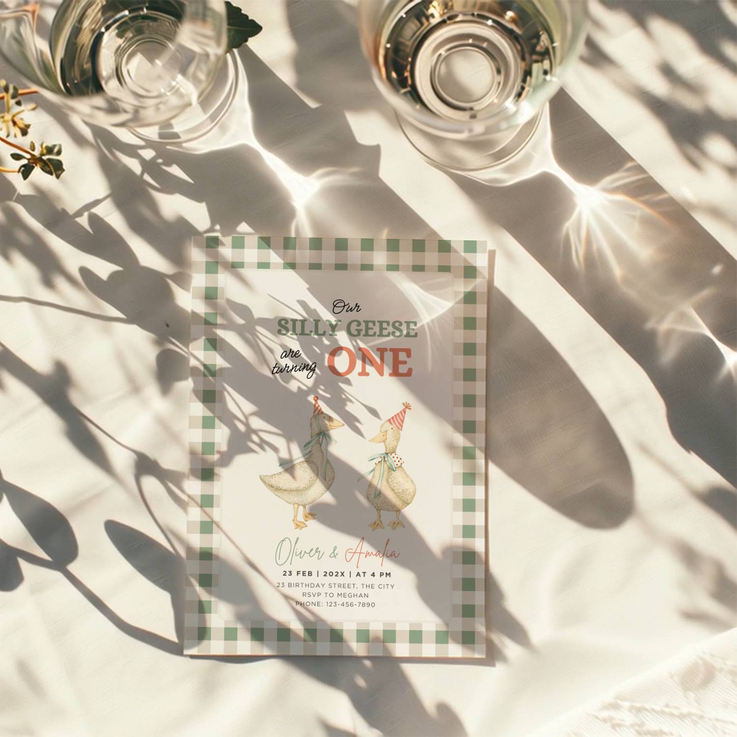 silly geese twins first birthday invitation with vintage geese and sage green gingham background