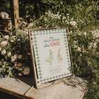 silly geese twins first birthday invitation with vintage geese and sage green gingham background