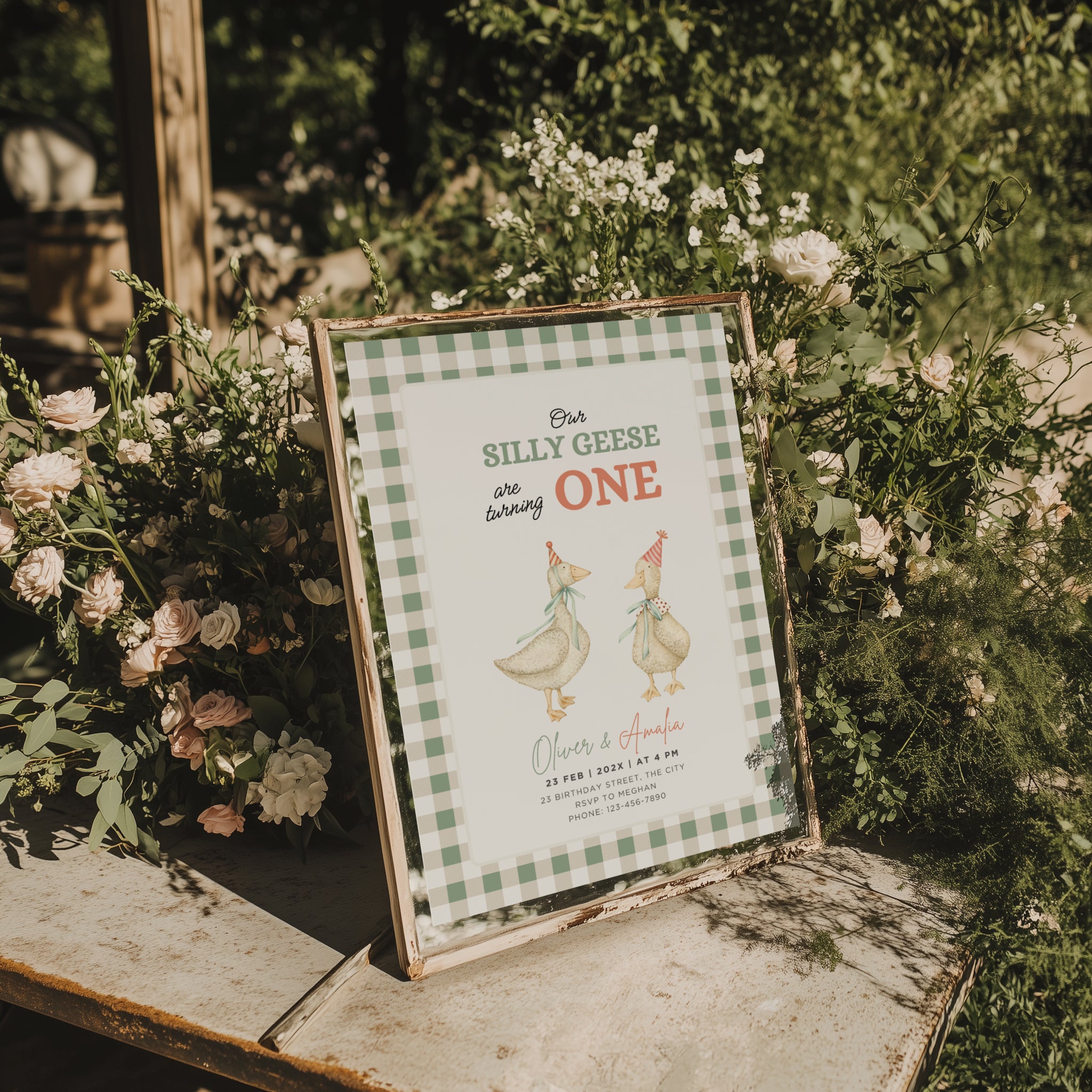 silly geese twins first birthday invitation with vintage geese and sage green gingham background