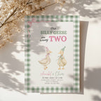 silly geese twins second birthday invitation with vintage geese and sage green gingham background
