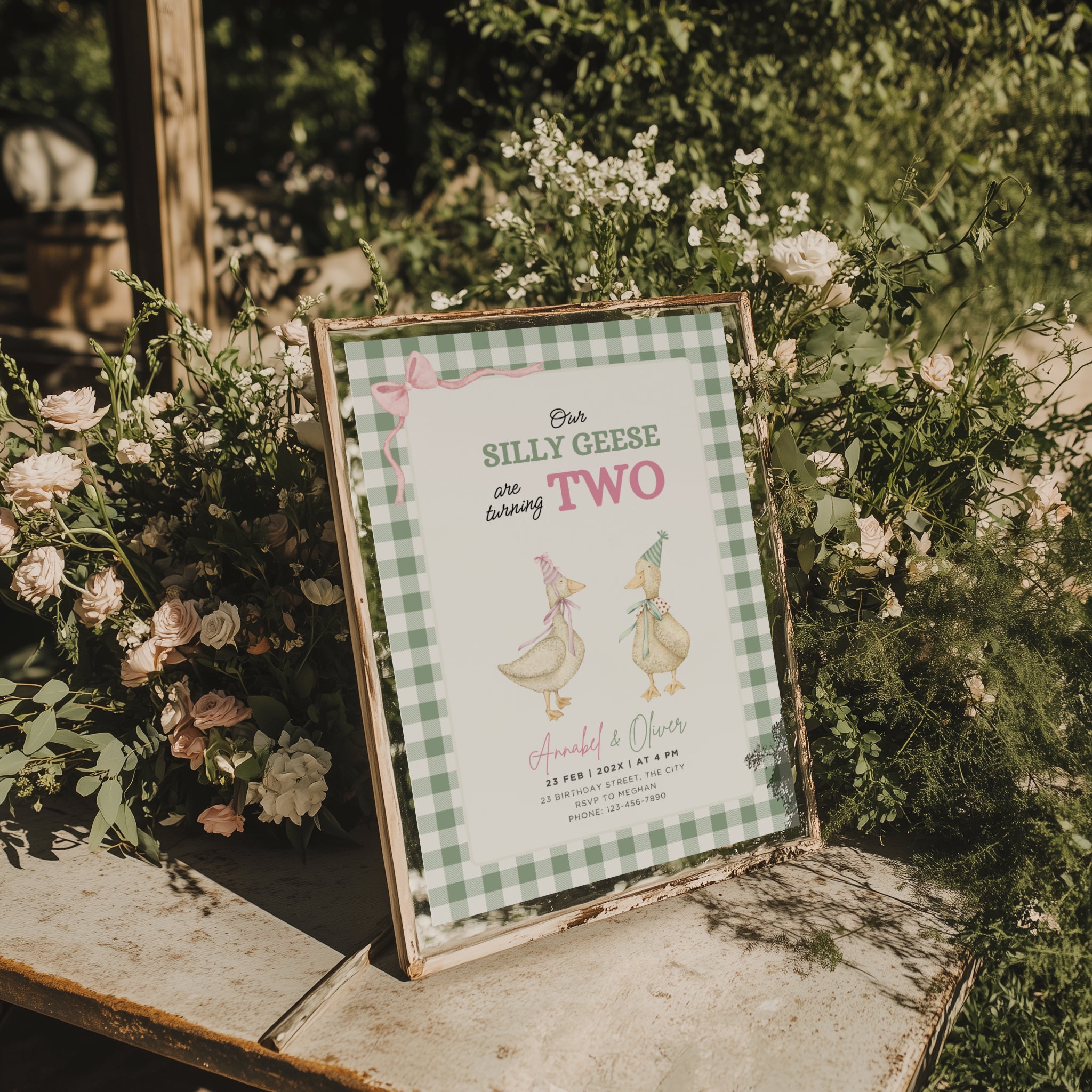 silly geese twins second birthday invitation with vintage geese and sage green gingham background