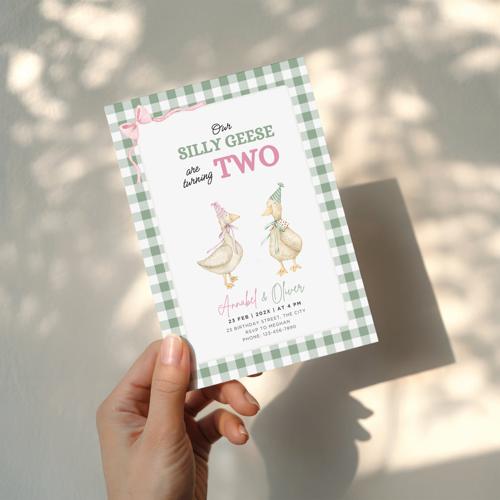 silly geese twins second birthday invitation with vintage geese and sage green gingham background