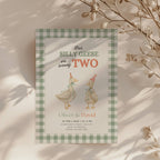 silly geese twins second birthday invitation with vintage geese and sage green gingham background