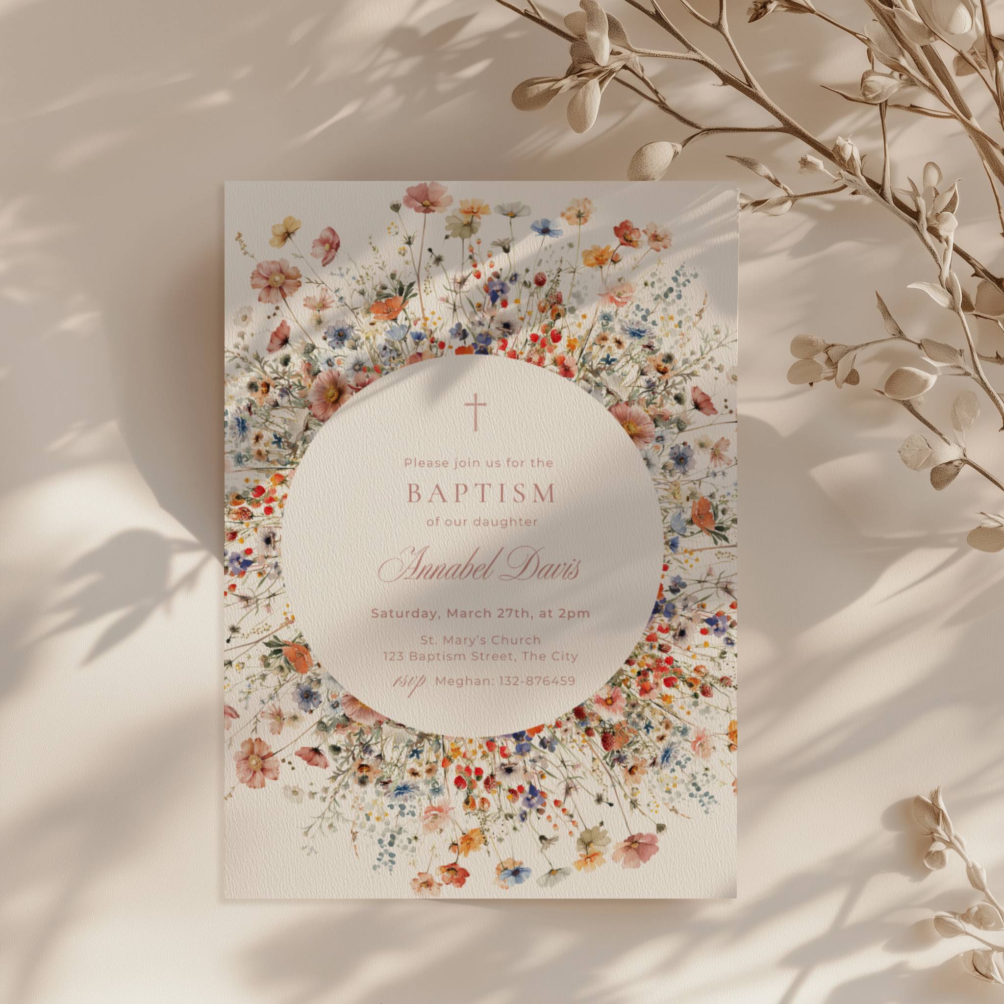 Wildflower baptism invitation, floral circle baptism invitation with wildflower wreath and soft botanical design
