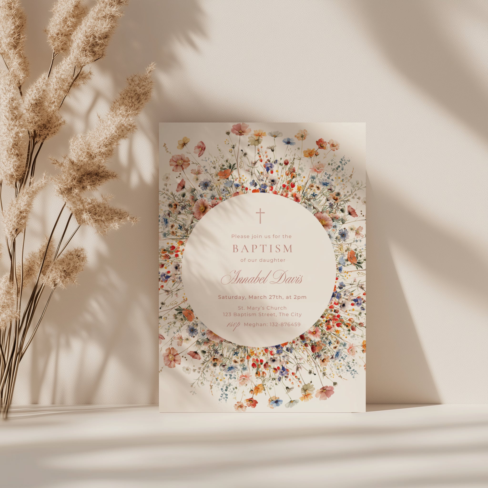 Wildflower baptism invitation, floral circle baptism invitation with wildflower wreath and soft botanical design