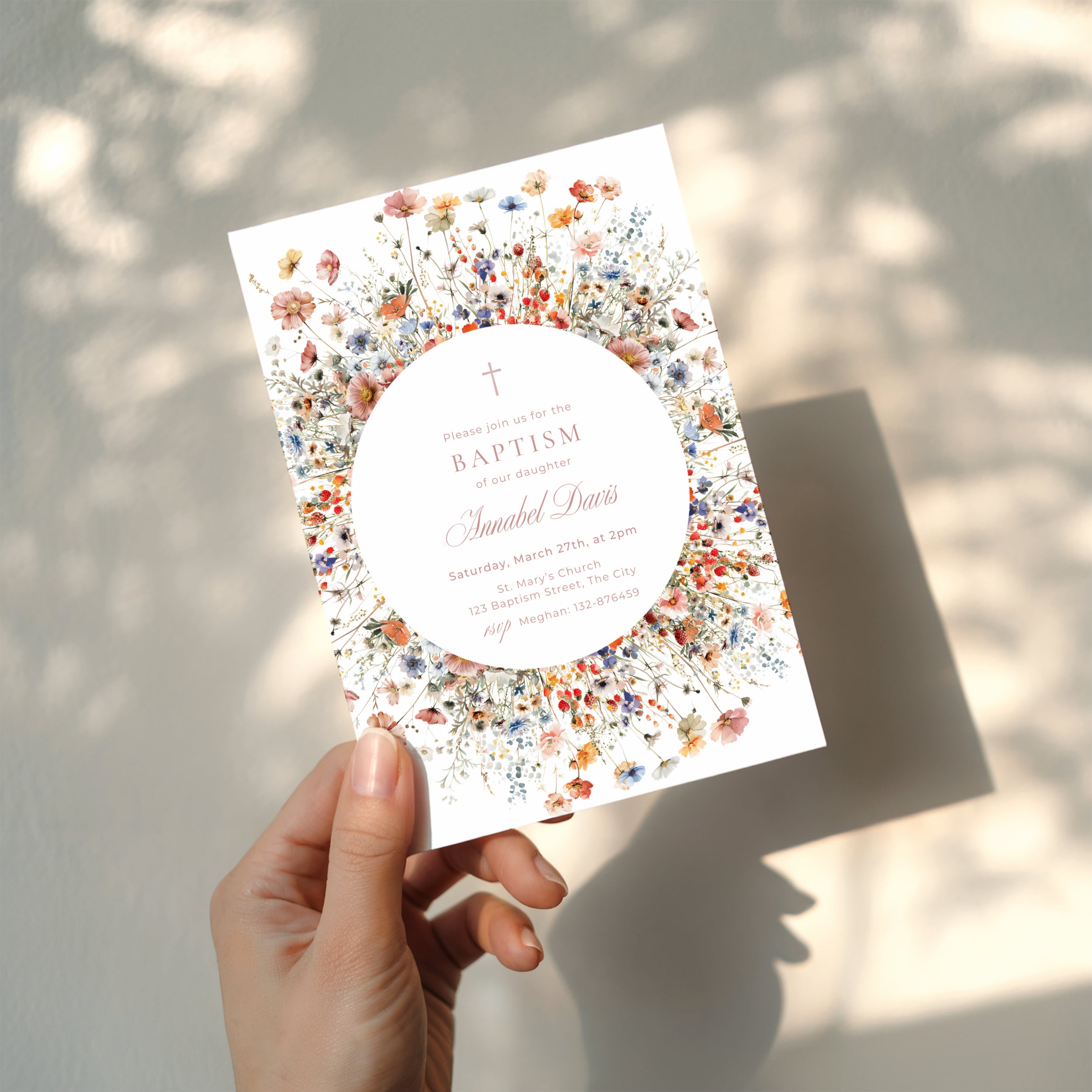 Wildflower baptism invitation, floral circle baptism invitation with wildflower wreath and soft botanical design