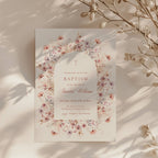 pink floral baptism invitation with soft blush flowers and arch design