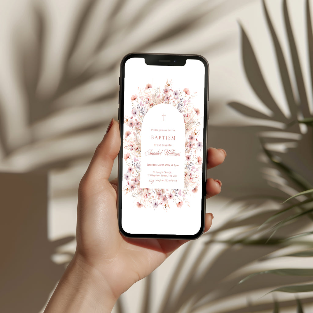 pink floral baptism invitation with soft blush flowers and arch design