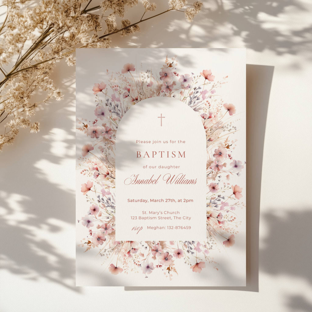 pink floral baptism invitation with soft blush flowers and arch design