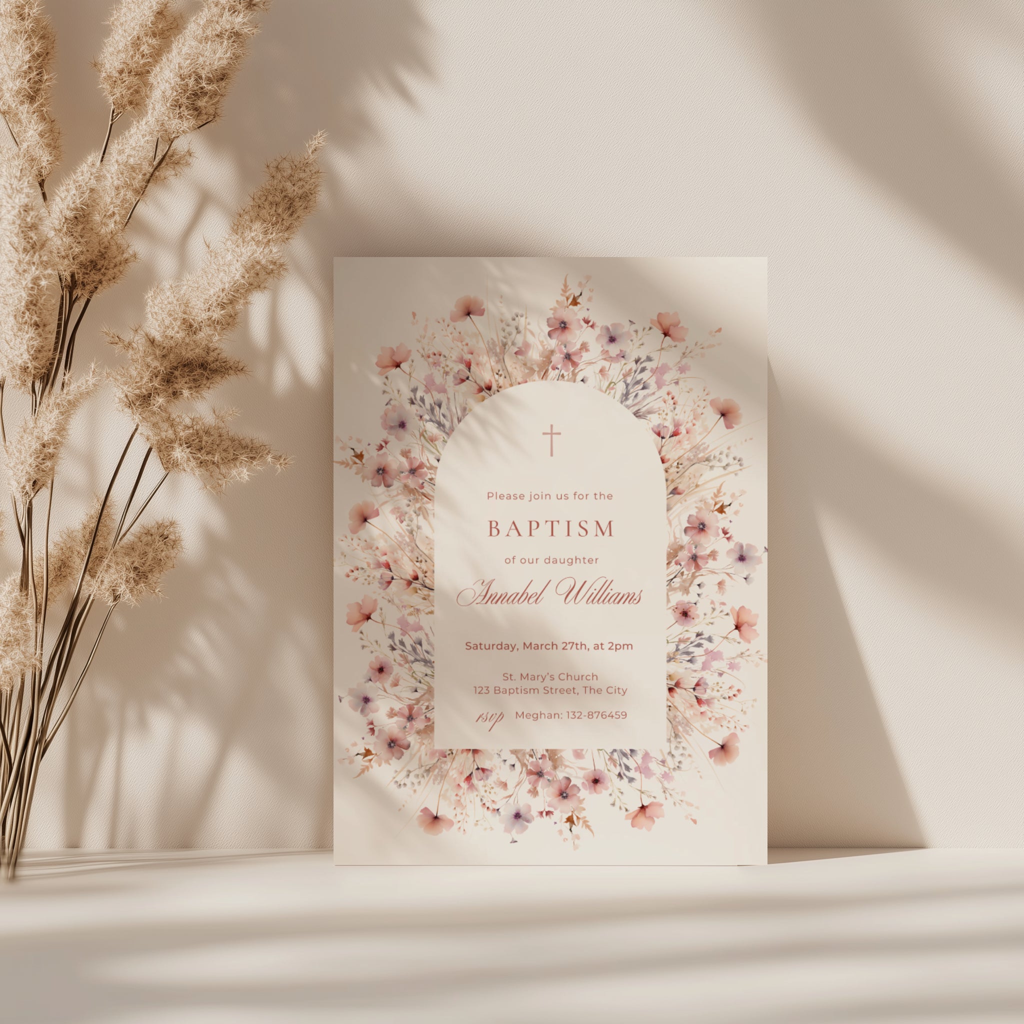 pink floral baptism invitation with soft blush flowers and arch design