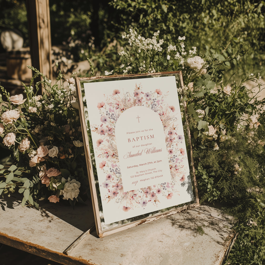 pink floral baptism invitation with soft blush flowers and arch design
