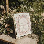 pink floral baptism invitation with soft blush flowers and arch design