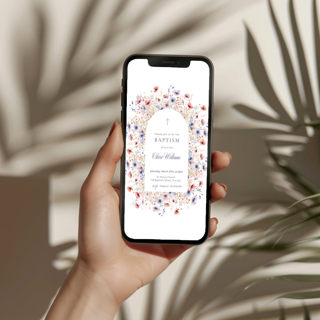 blue and pink floral baptism invitation with soft arch and botanical design