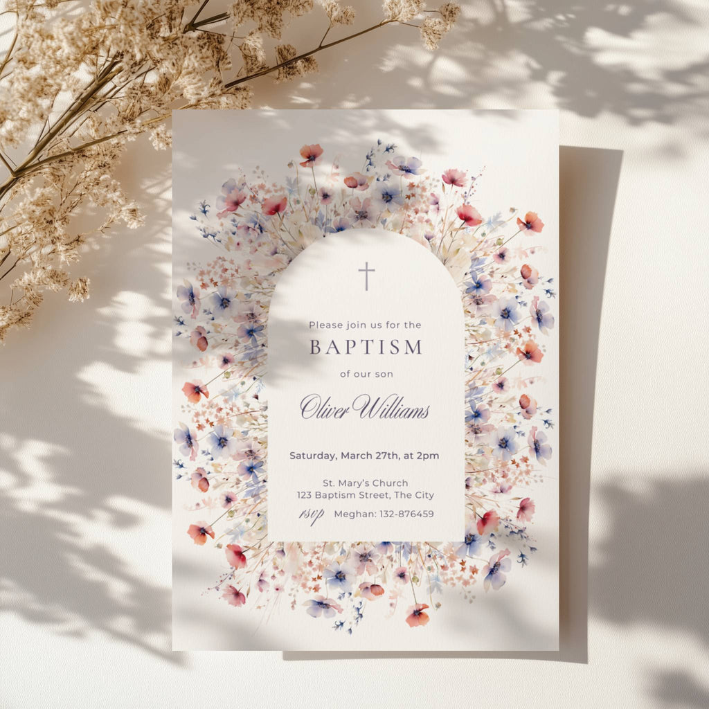 blue and pink floral baptism invitation with soft arch and botanical design