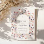 blue and pink floral baptism invitation with soft arch and botanical design