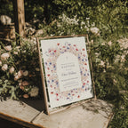 blue and pink floral baptism invitation with soft arch and botanical design