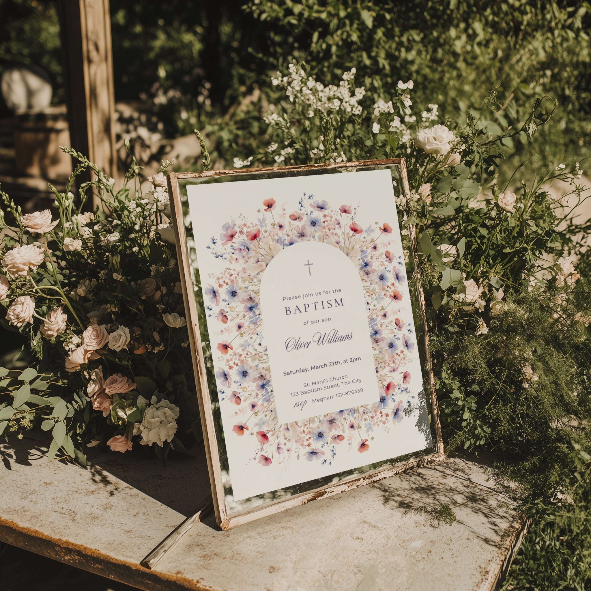 blue and pink floral baptism invitation with soft arch and botanical design