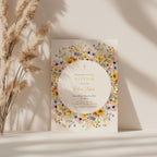 yellow floral baptism invitation with soft circle design and pastel wildflowers