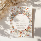 floral circle baptism invitation for twins with wildflowers and soft botanical wreath design
