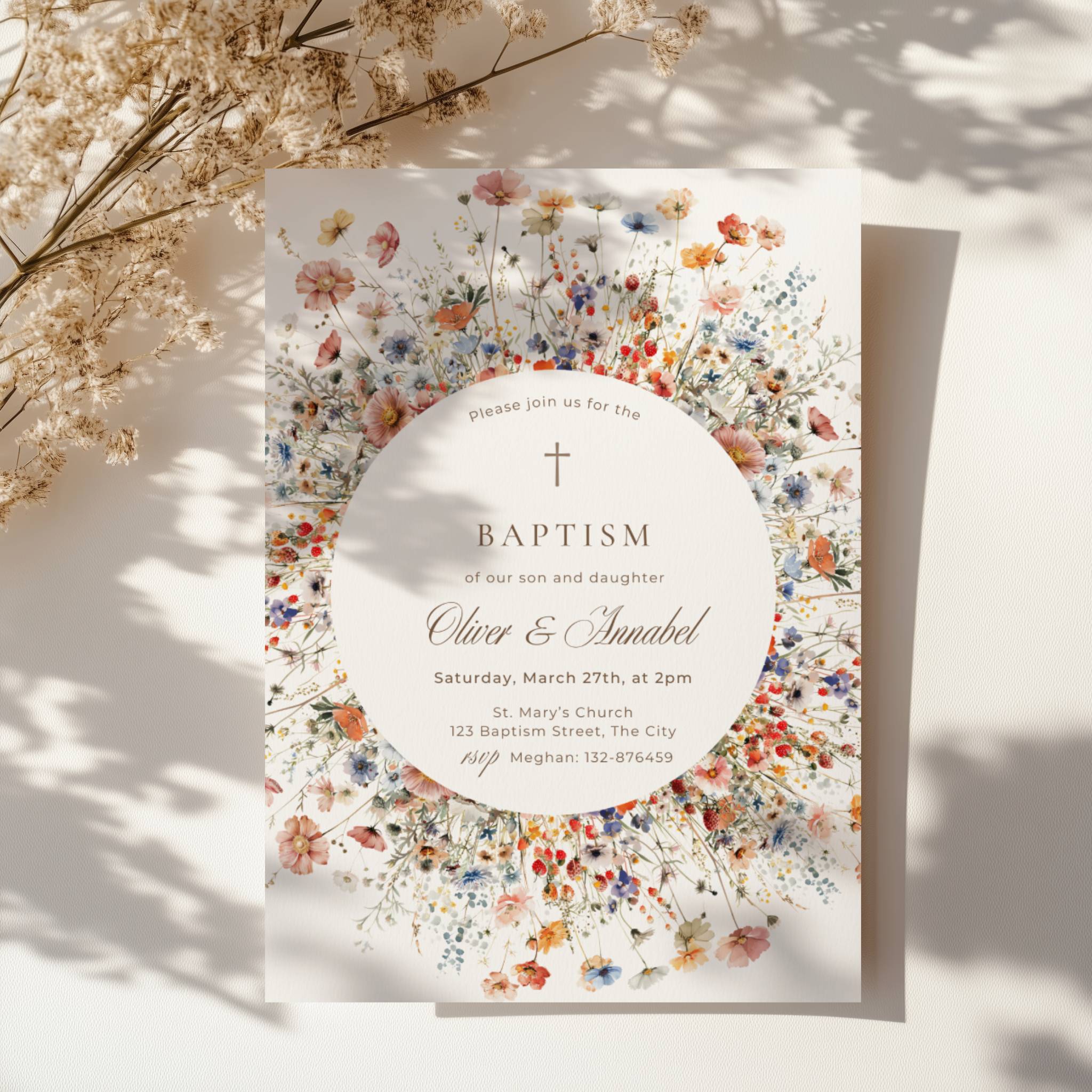 floral circle baptism invitation for twins with wildflowers and soft botanical wreath design