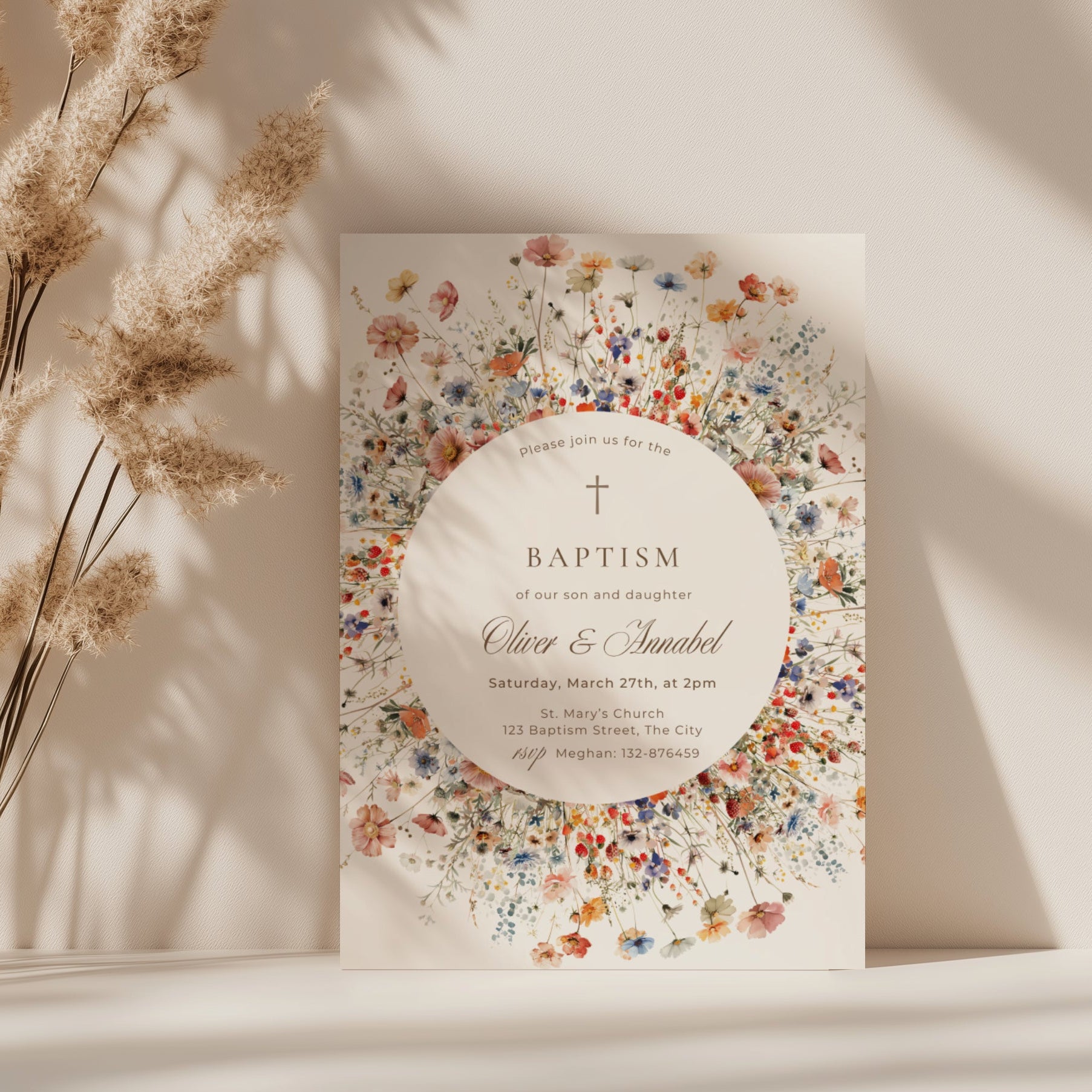floral circle baptism invitation for twins with wildflowers and soft botanical wreath design