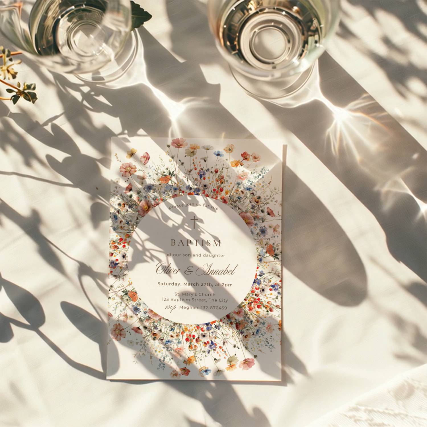 floral circle baptism invitation for twins with wildflowers and soft botanical wreath design