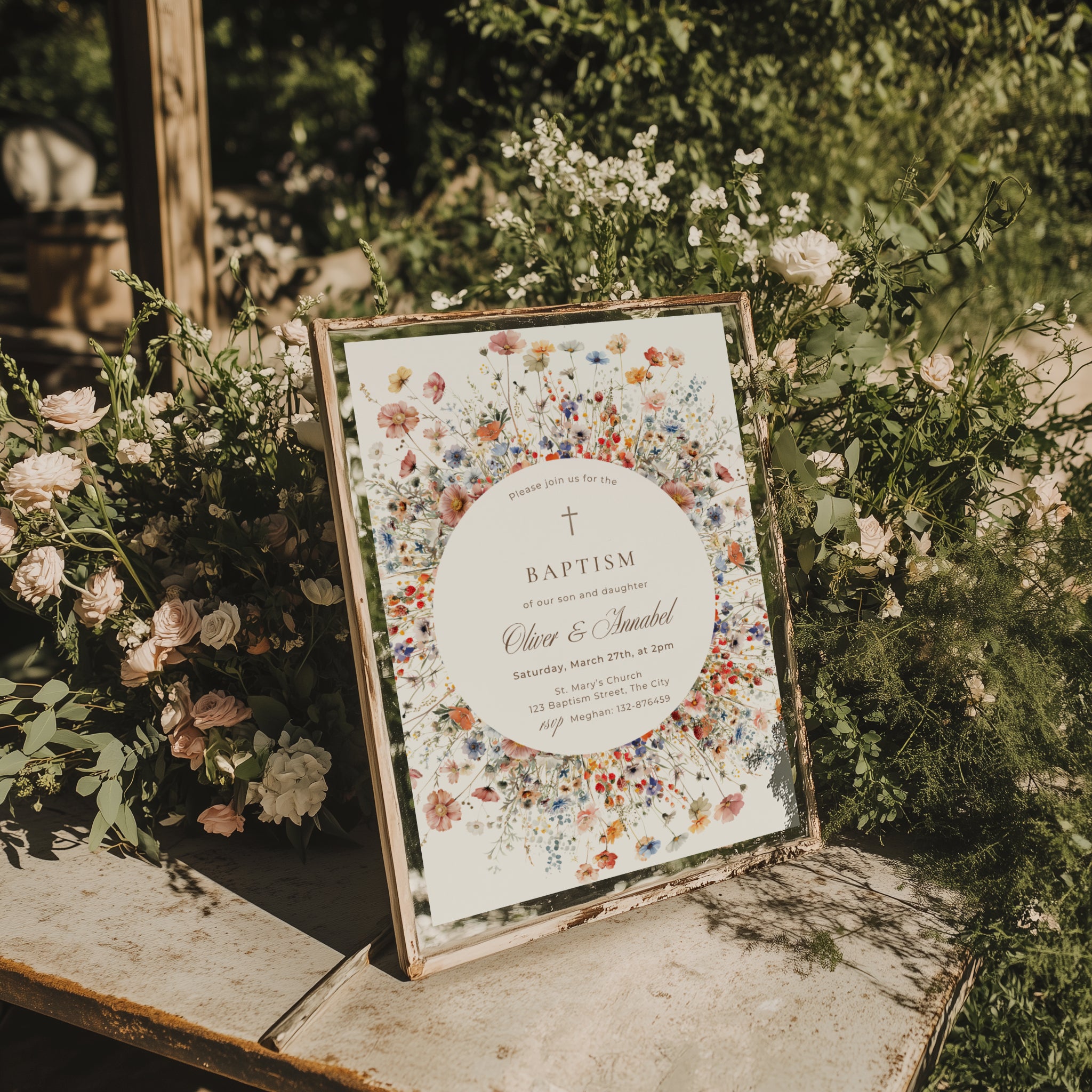 floral circle baptism invitation for twins with wildflowers and soft botanical wreath design