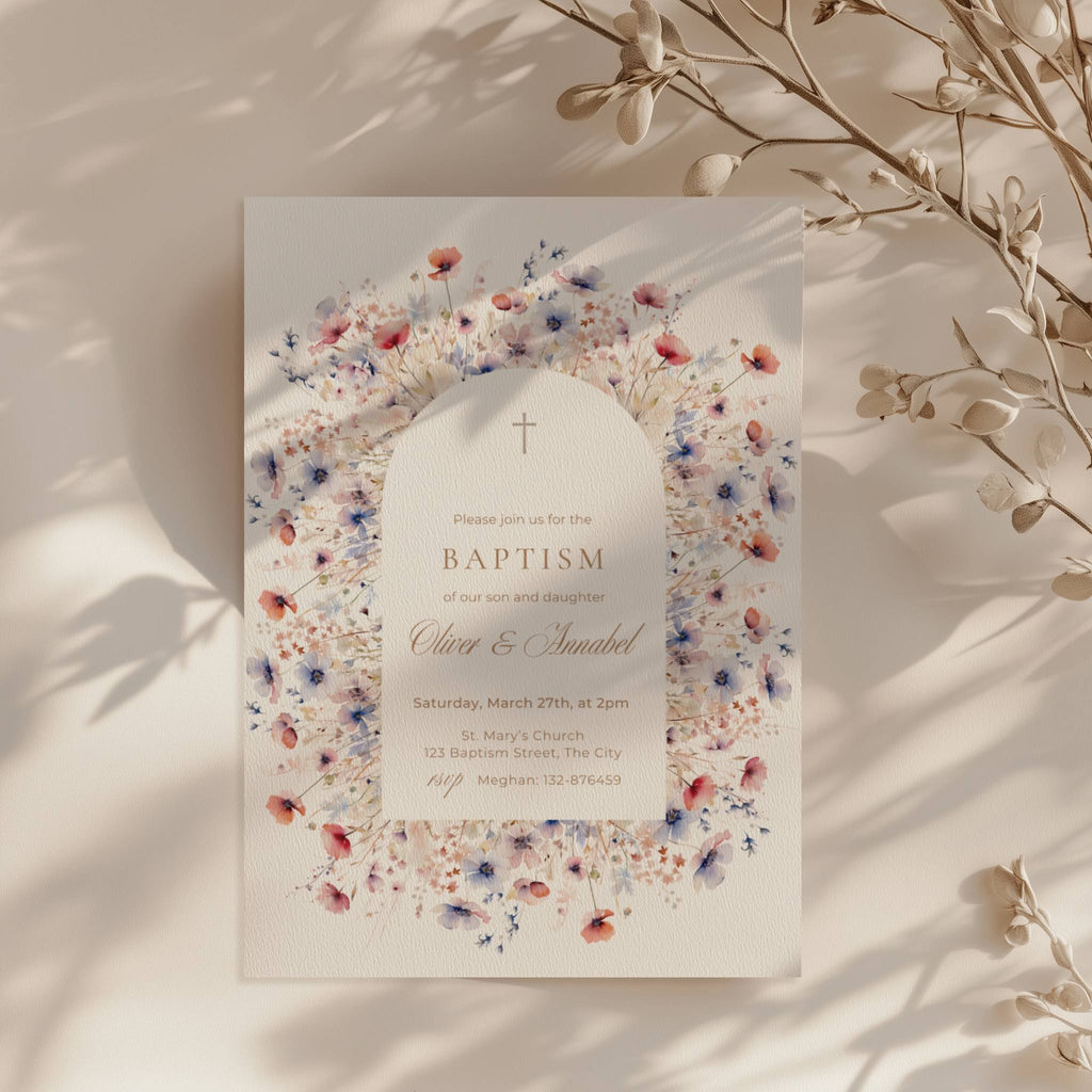 vintage floral baptism invitation for twins with soft blue and blush flowers and arch design