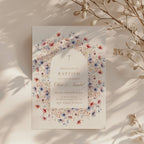vintage floral baptism invitation for twins with soft blue and blush flowers and arch design