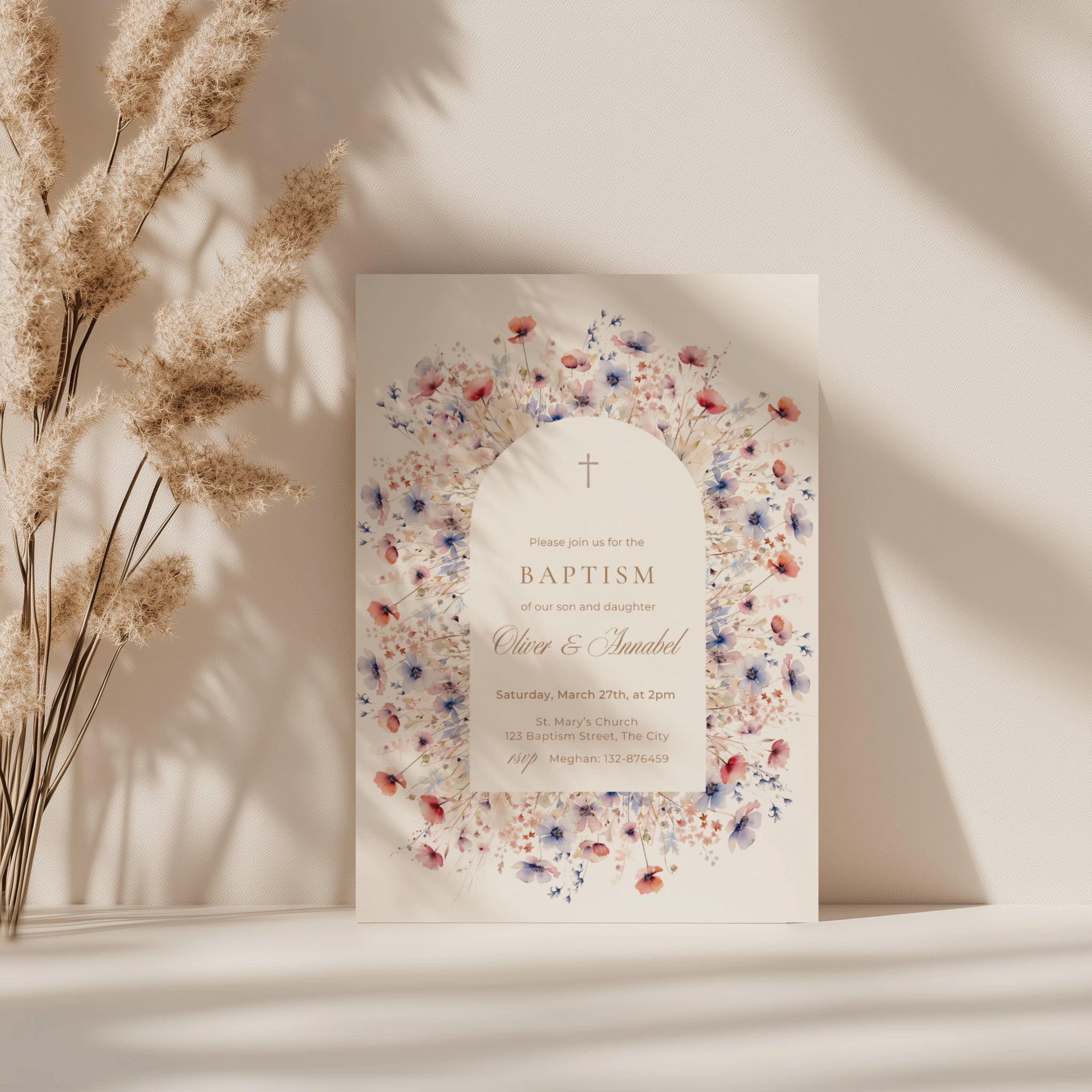vintage floral baptism invitation for twins with soft blue and blush flowers and arch design