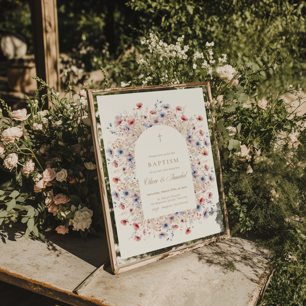 vintage floral baptism invitation for twins with soft blue and blush flowers and arch design