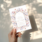 vintage floral baptism invitation for twins with soft blue and blush flowers and arch design