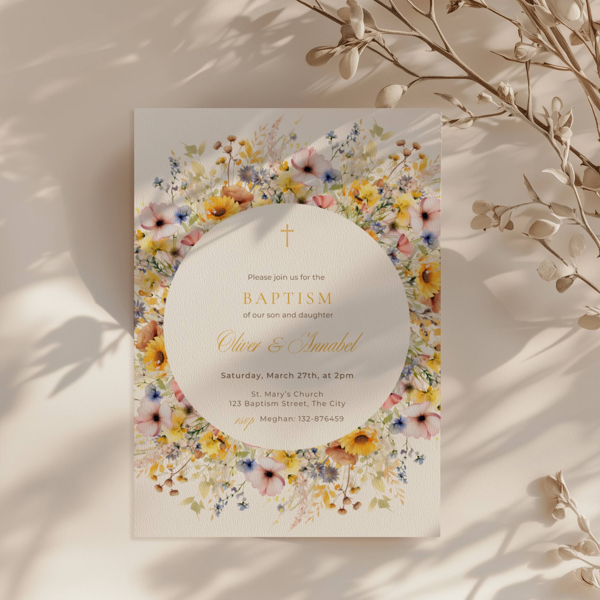 Sunflower invitation, colorful floral baptism invitation for twins with round wreath in yellow blush and blue tones