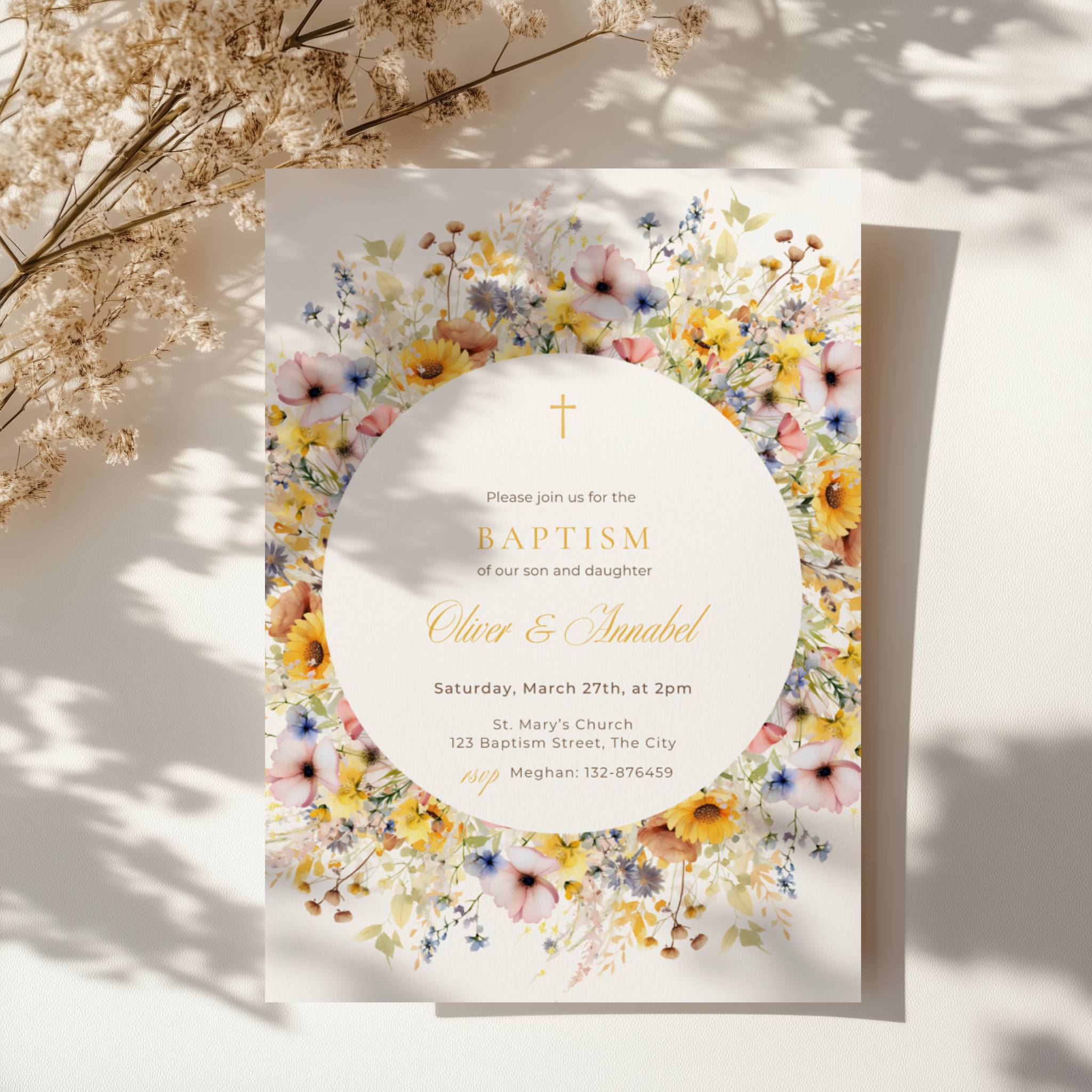 Sunflower invitation, colorful floral baptism invitation for twins with round wreath in yellow blush and blue tones