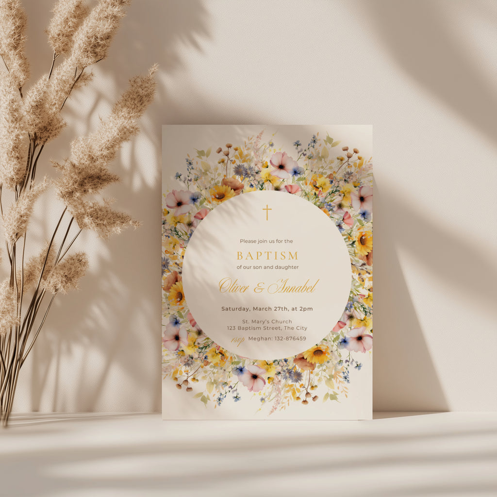 Sunflower invitation, colorful floral baptism invitation for twins with round wreath in yellow blush and blue tones