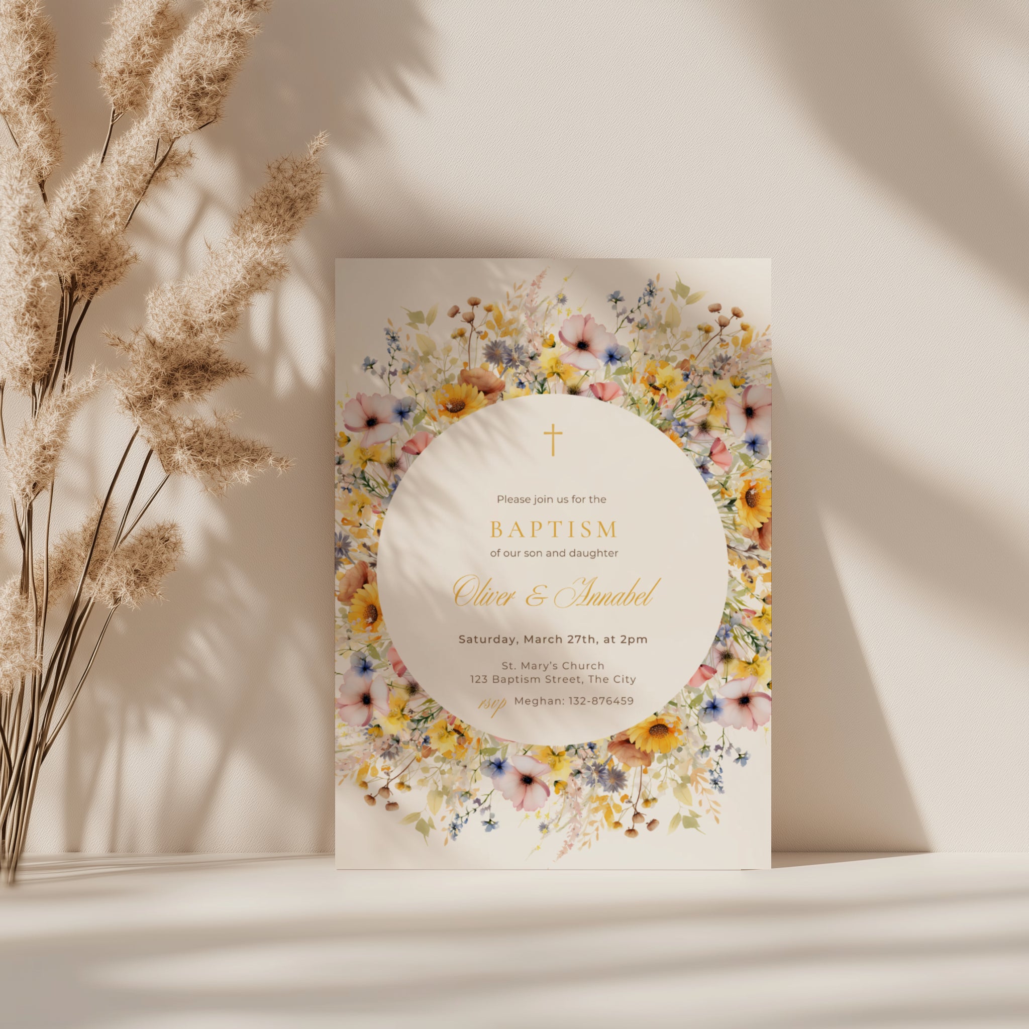Sunflower invitation, colorful floral baptism invitation for twins with round wreath in yellow blush and blue tones