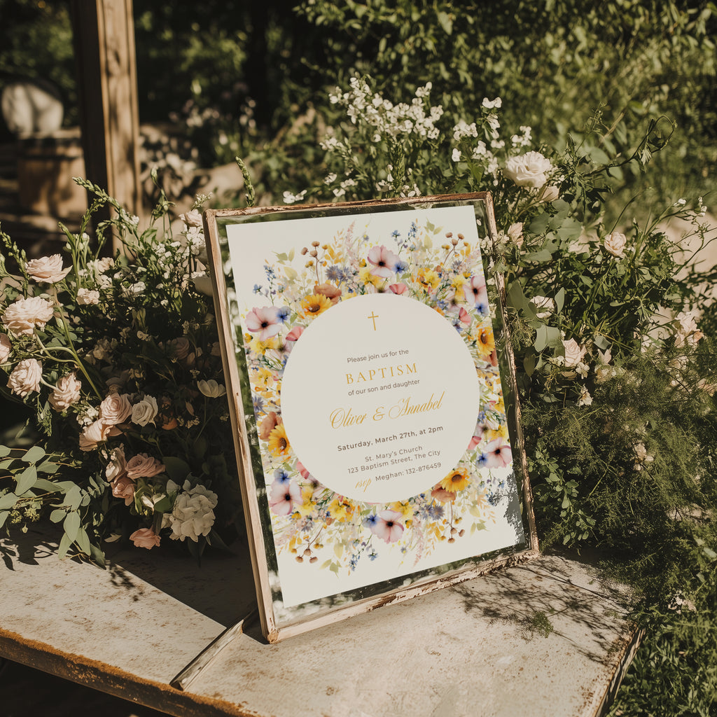 Sunflower invitation, colorful floral baptism invitation for twins with round wreath in yellow blush and blue tones
