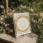 Sunflower invitation, colorful floral baptism invitation for twins with round wreath in yellow blush and blue tones