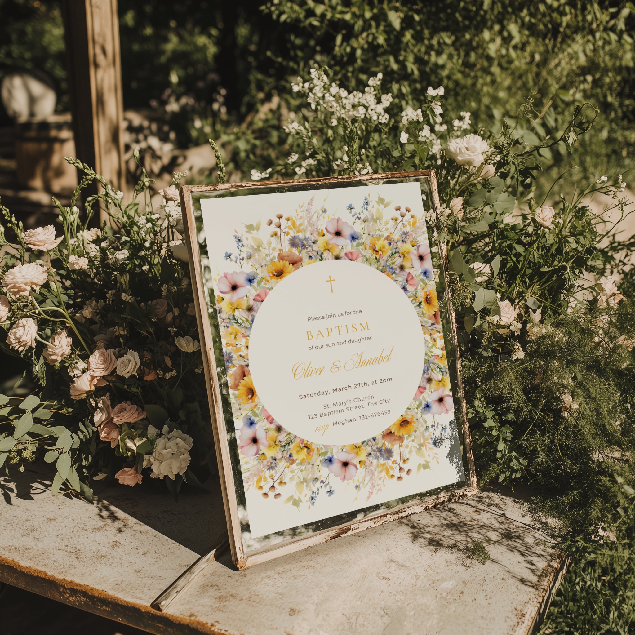 Sunflower invitation, colorful floral baptism invitation for twins with round wreath in yellow blush and blue tones