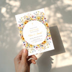 Sunflower invitation, colorful floral baptism invitation for twins with round wreath in yellow blush and blue tones
